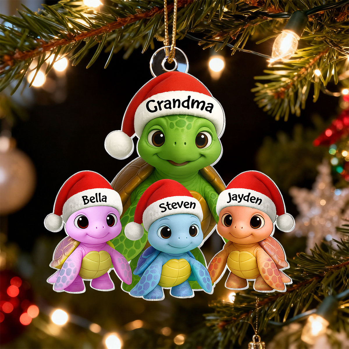 3D Effect Cute Christmas Sea Turtles Grandma And Grandkids - Personalized Acrylic Ornament