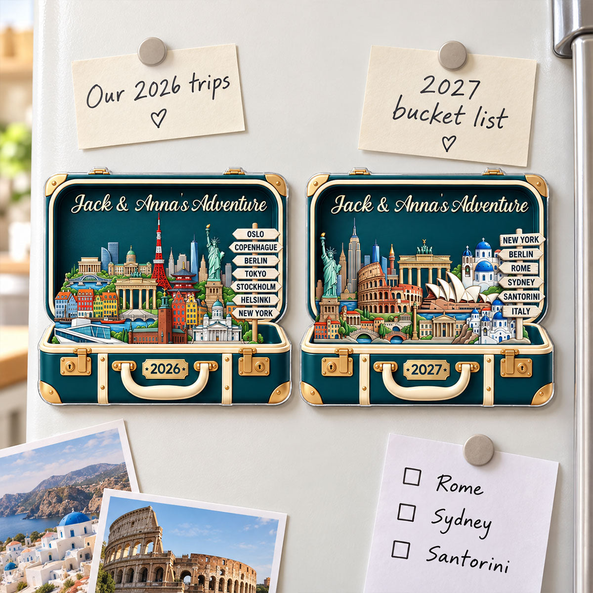 Custom Travel Adventure Suitcase 2D Flat Printed - Personalized Acrylic Fridge Magnet - Traveling Destination Keepsake, Gift For Traveling Lovers