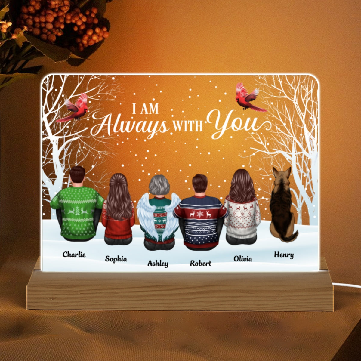 Always With You Family Dad Mom Kids Dogs Cats Memorial Personalized Custom Shape Acrylic Plaque Warm LED Night Light