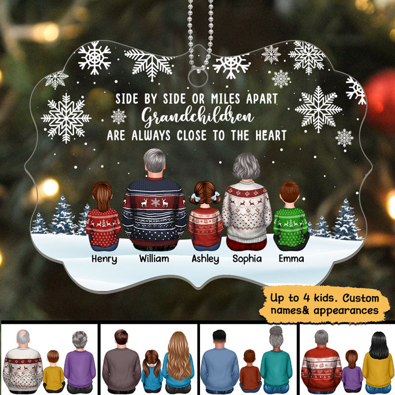 Grandma Grandpa Grandkids Side By Side Snow Background Personalized Acrylic Ornament
