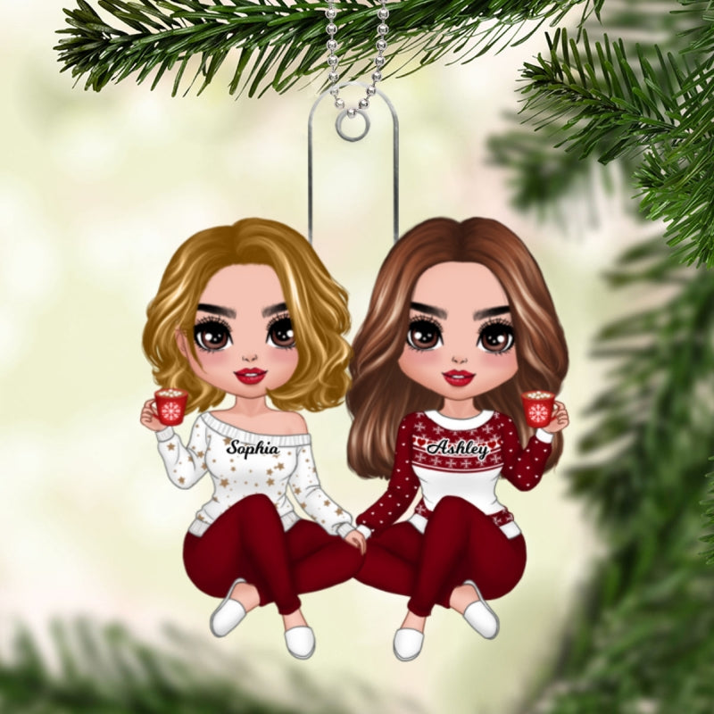 Red Clothes Doll Besties Sisters Sitting Christmas Gift For Best Friends Personalized Acrylic Ornament