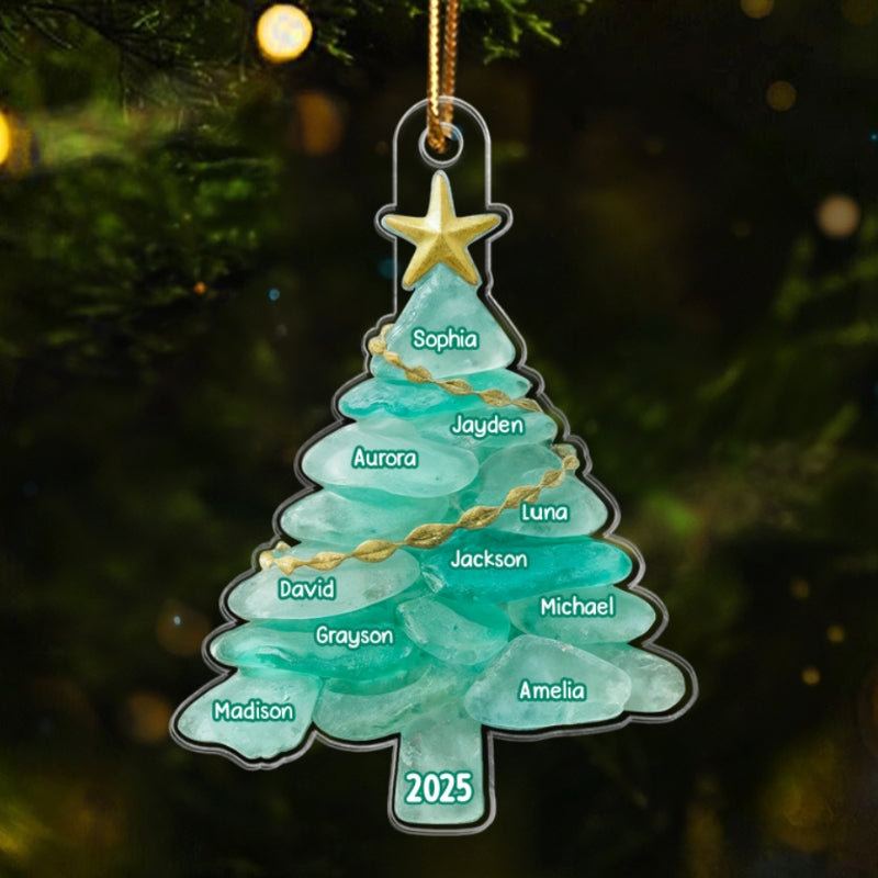 3D Sea Glass Effect Christmas Tree Family Member Name - Personalized Acrylic Ornament - Coastal Vibe Christmas Gift