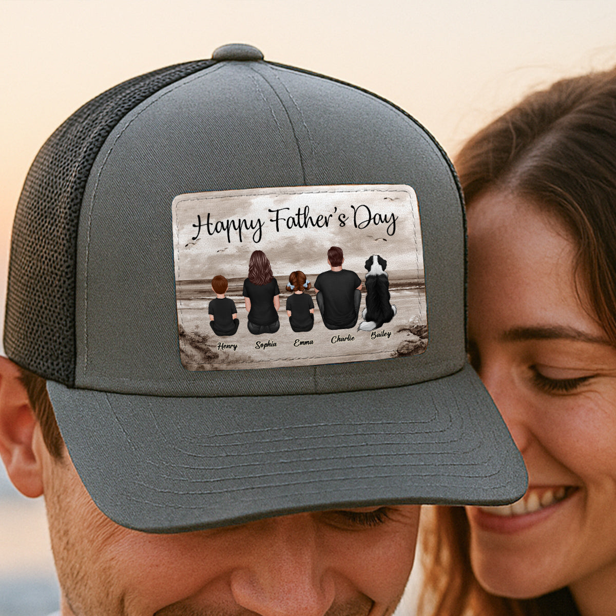 Family Sitting Retro Vintage Beach Landscape Personalized Leather Patch Hat, Gift For Dad