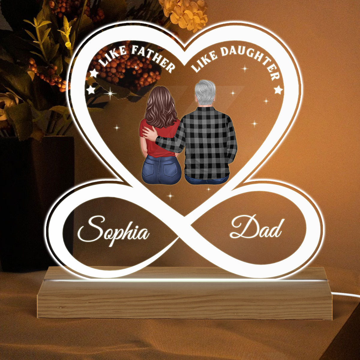 Like Father Like Daughter Son Back View Dad And Daughter Son Standing Infinity Heart Personalized Custom Shape Acrylic Plaque Warm LED Night Light