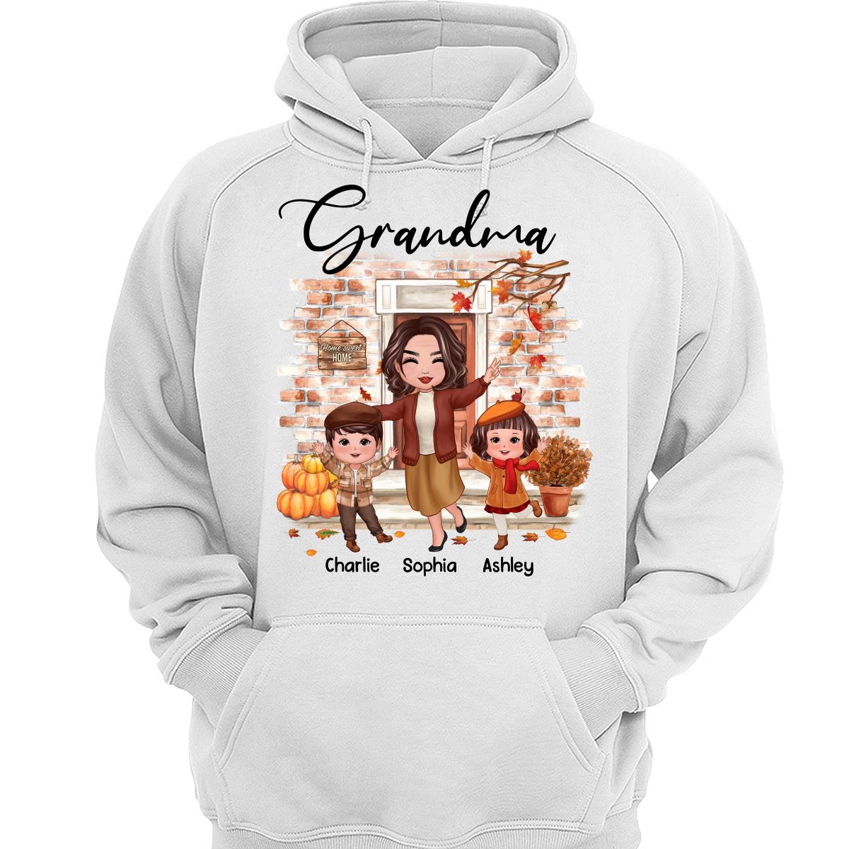 Fall Season Happy Doll Grandma And Grandkids At Front Door Personalized Shirt