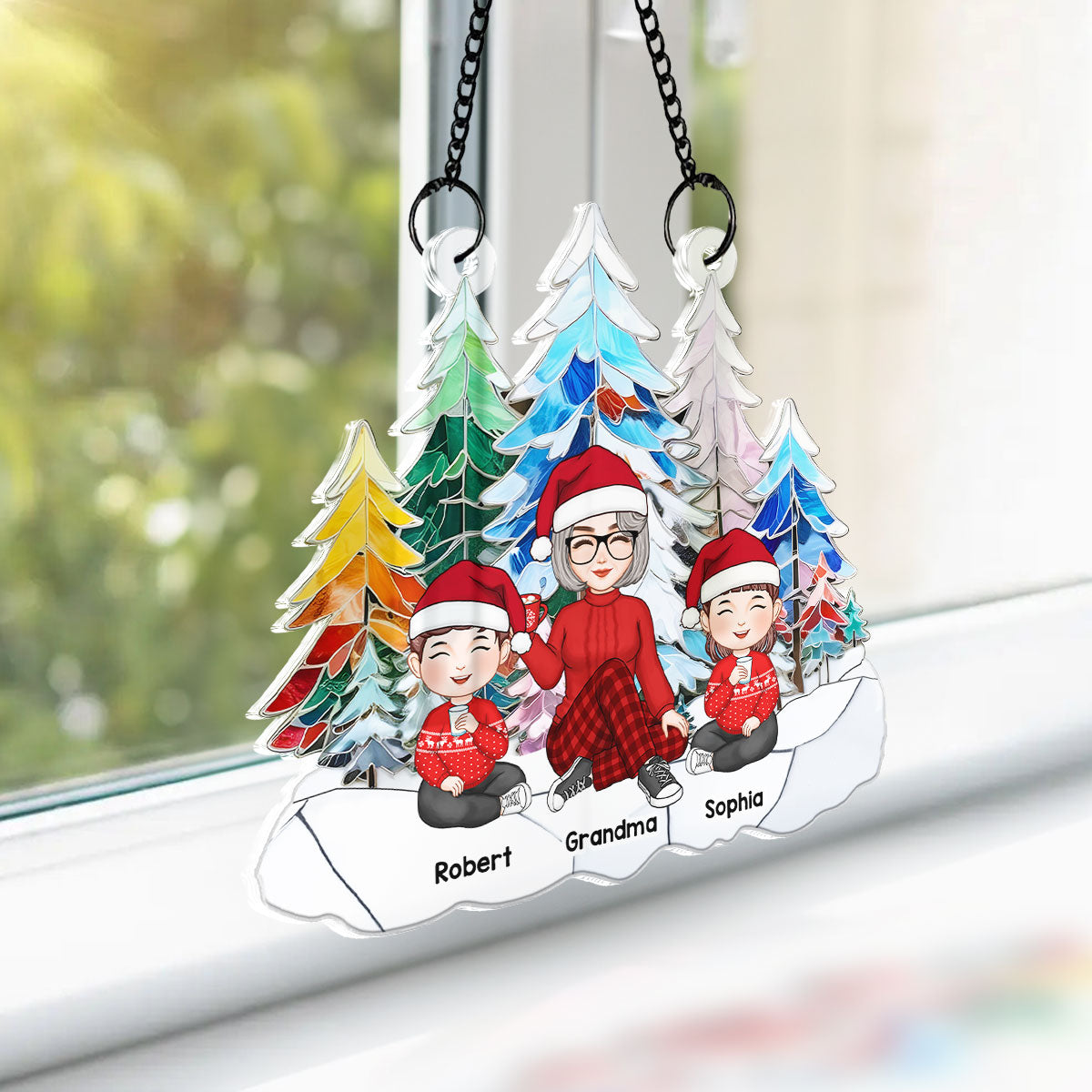 Grandma Grandkids Colorful Christmas Tree Stained Glass Personalized Suncatcher