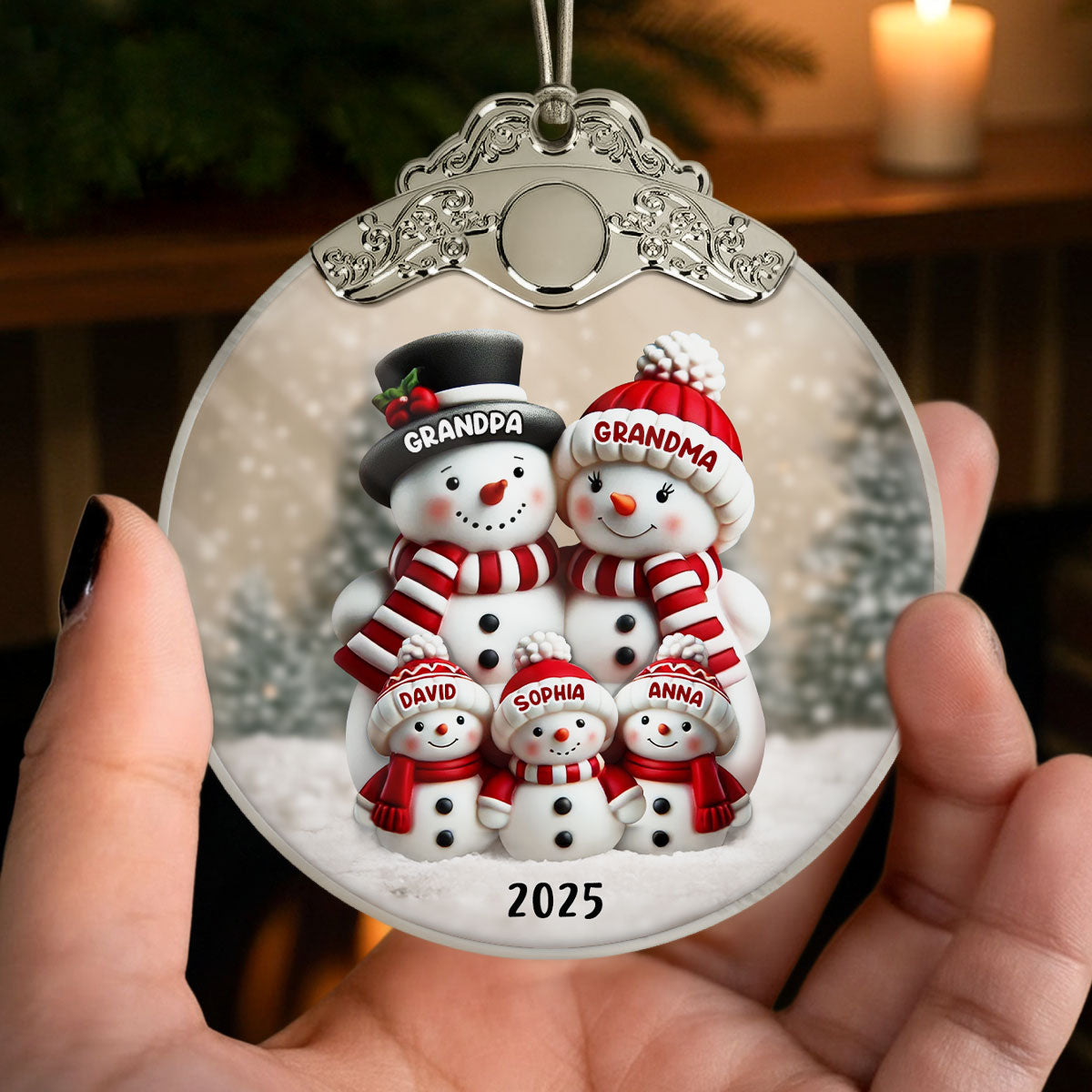 3D Effect Cute Snowman - Personalized Glass Ornament With Silver Cap - Christmas Decor For Family, Grandma, Grandpa
