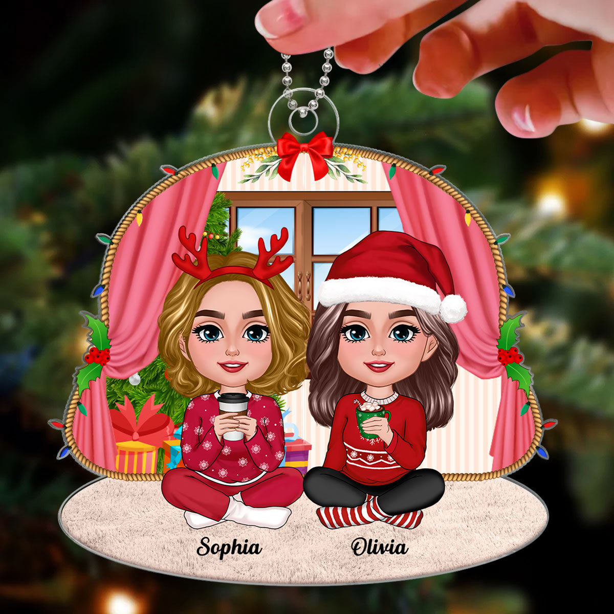 Doll Besties Sisters Sitting Rope Frame Personalized Acrylic Ornament