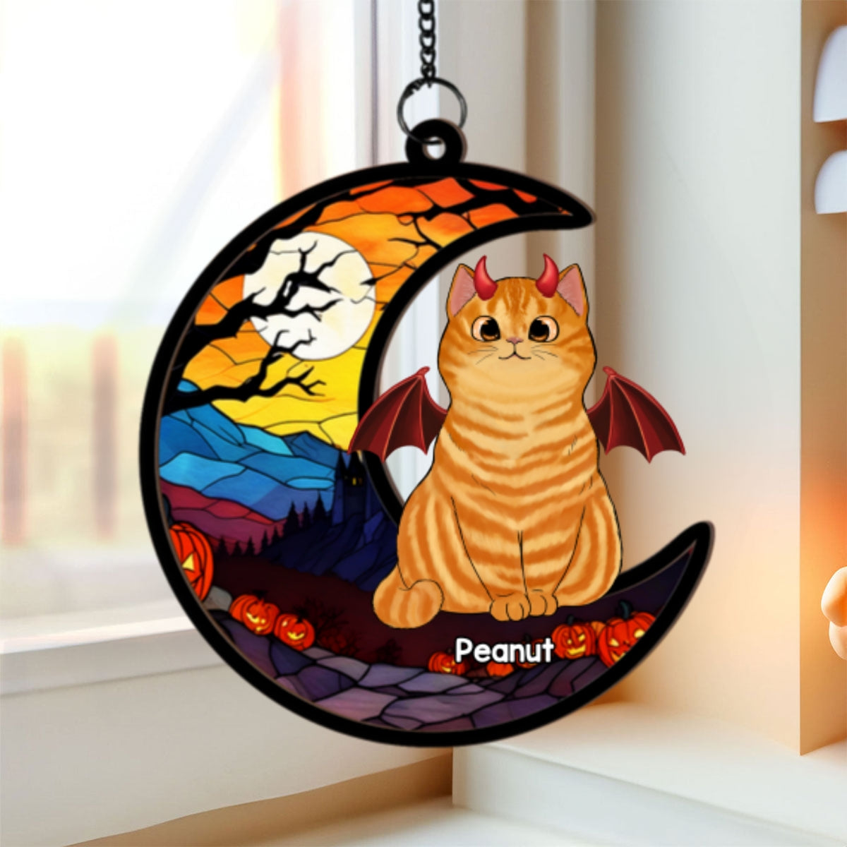 Halloween Cat On Moon Personalized Suncatcher, Halloween Decoration