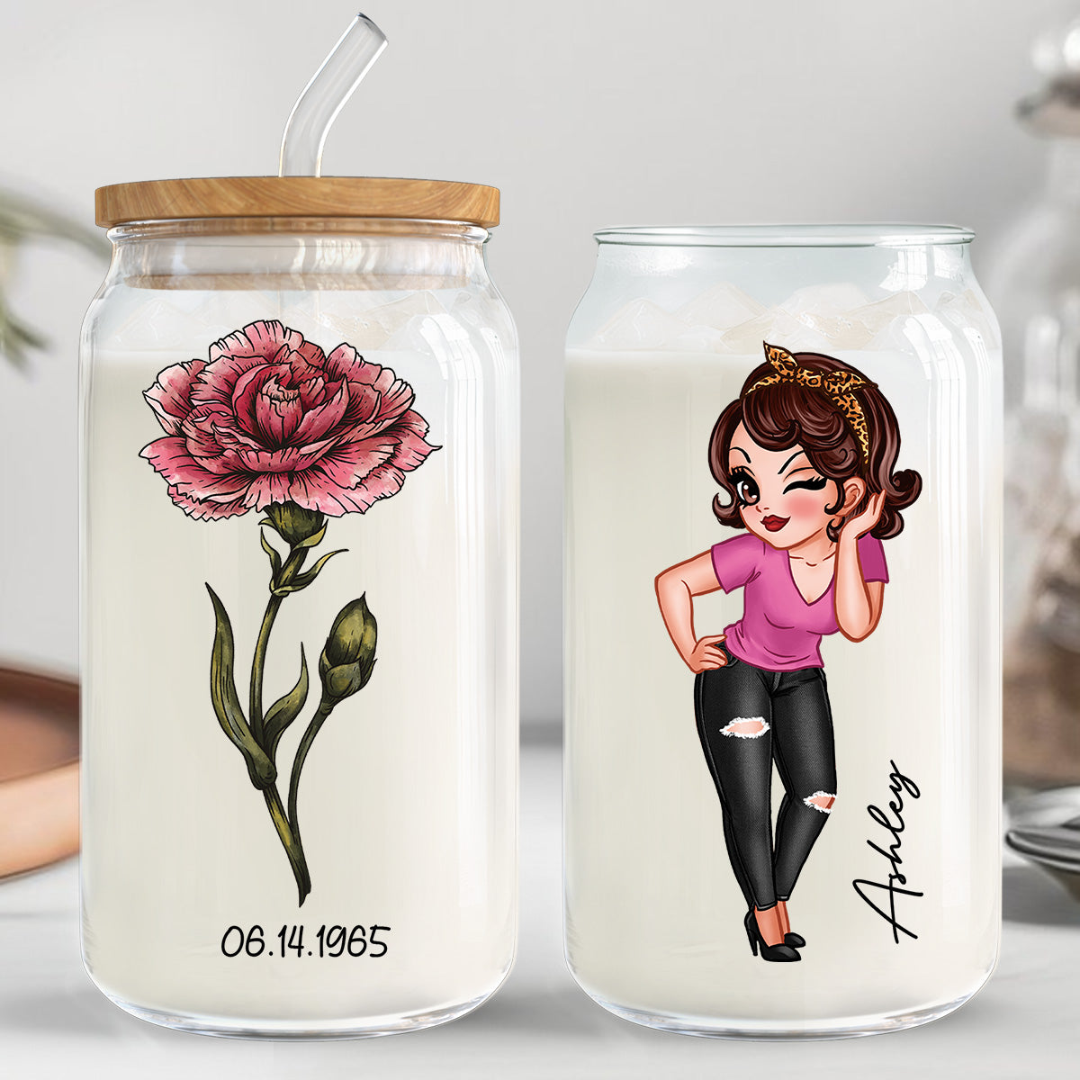 Vintage Birth Flower With Name & Birth Day Gift For Mom Grandma Pretty Woman Personalized Clear Glass Can