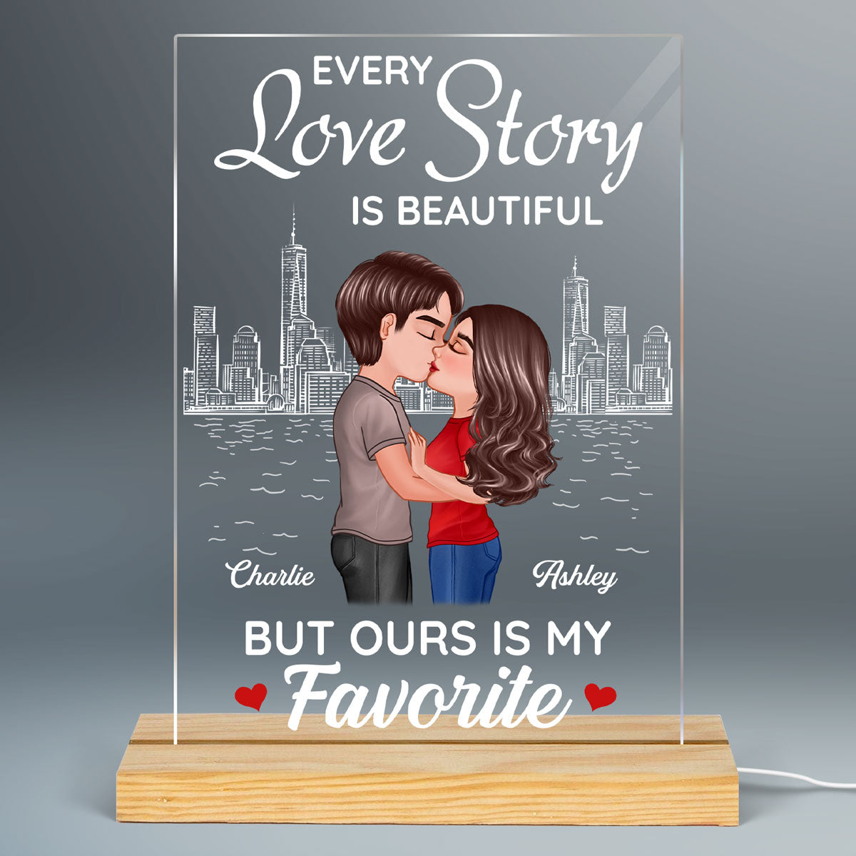 Doll Couple Kissing Skyline Anniversary Gift For Him For Her Personalized Rectangle Acrylic Plaque LED Lamp Night Light
