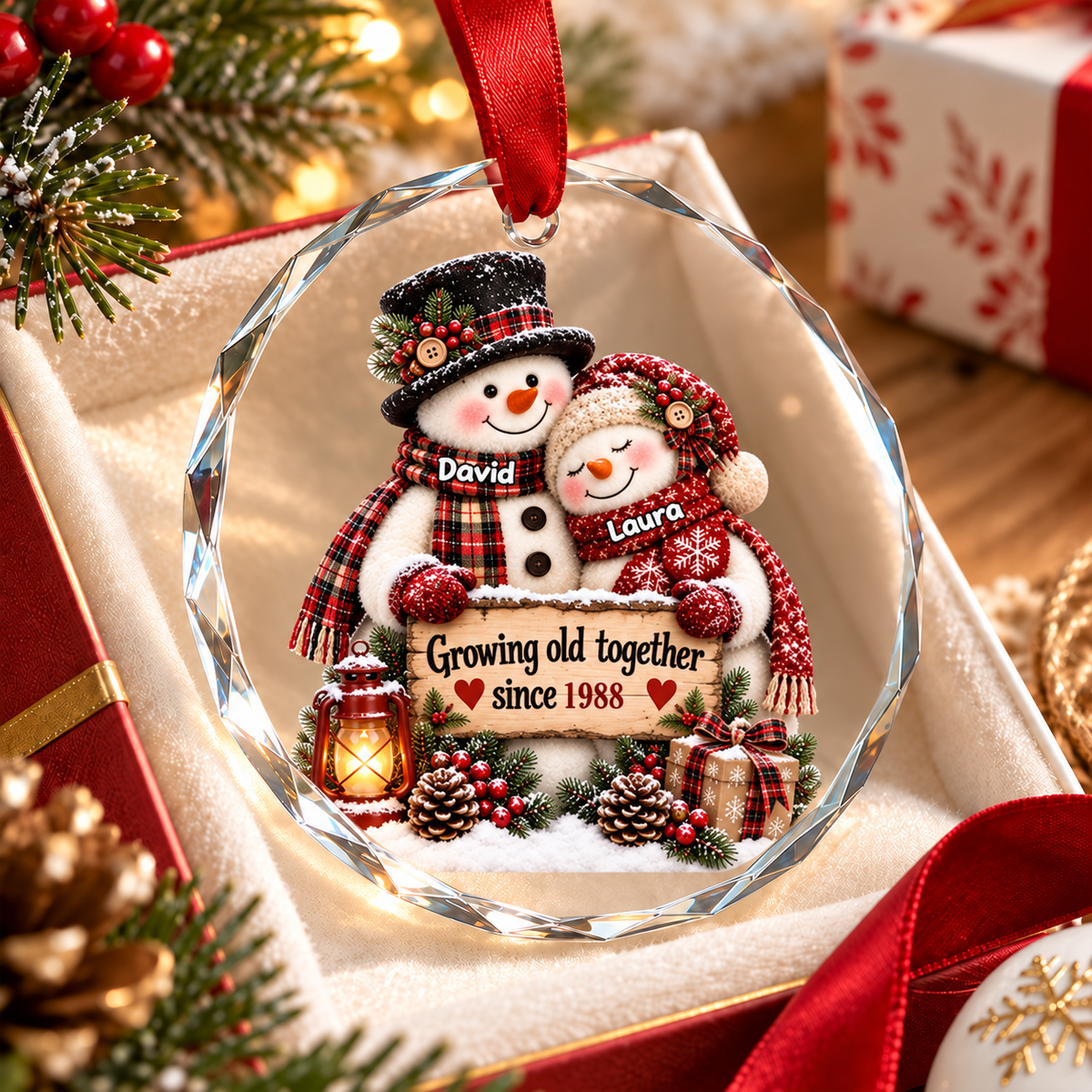 Snowman Couple Hugging Growing Old Together - Personalized Glass Ornament - Heartfelt Christmas Gift for Her, for Him