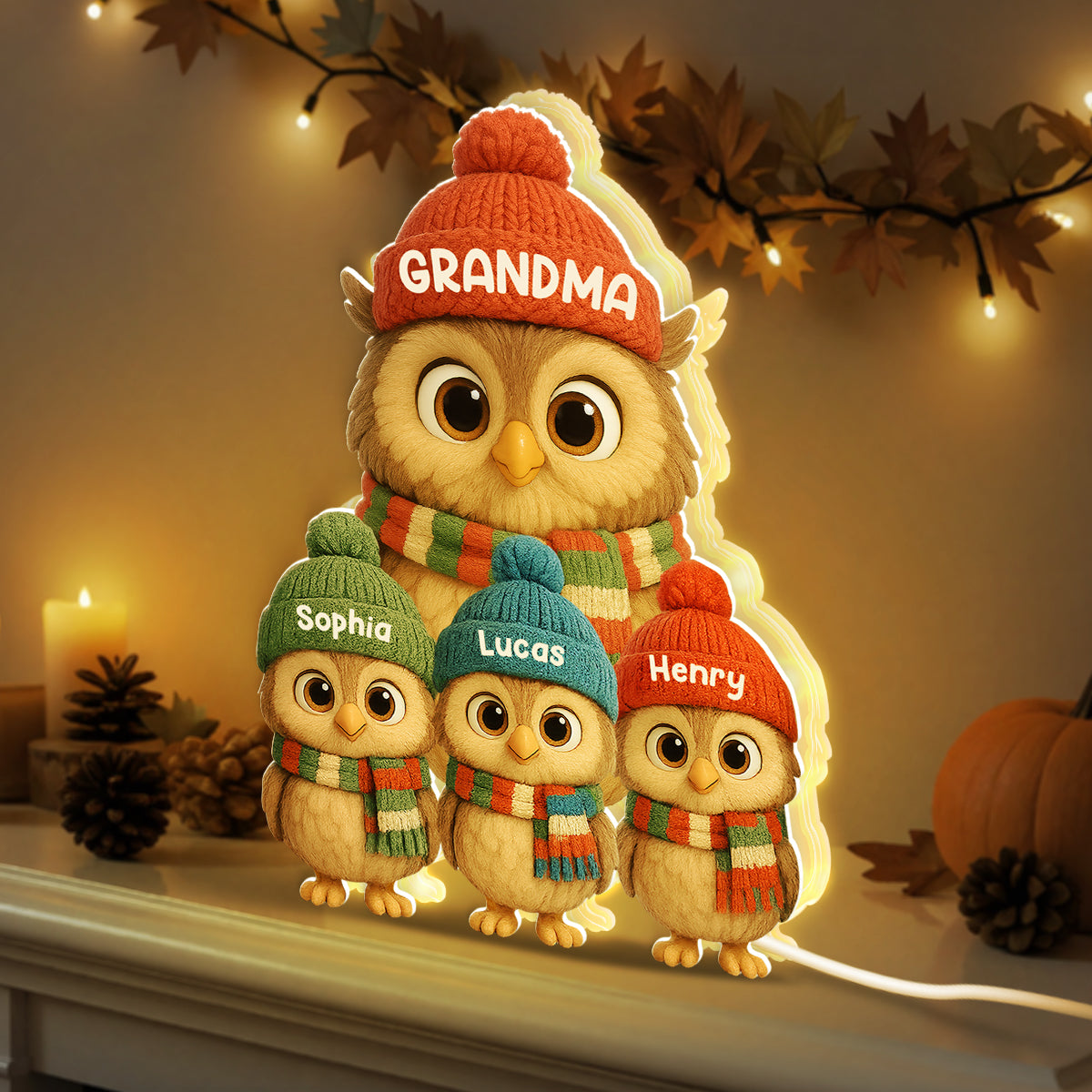 3D Effect Heartwarming Christmas Owls Grandma Grandkids - Personalized Light Box