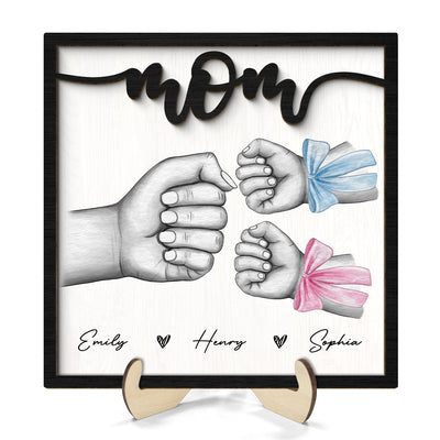 Mom And Kids Fist Bump With Bows Gift For Mom Personalized 2-Layer Wooden Plaque