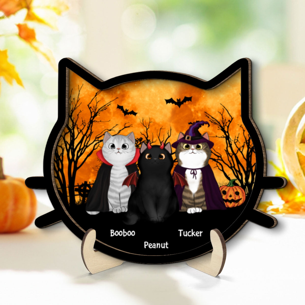 Spooky Halloween Theme Cat Face Personalized 2-Layer Wooden Plaque