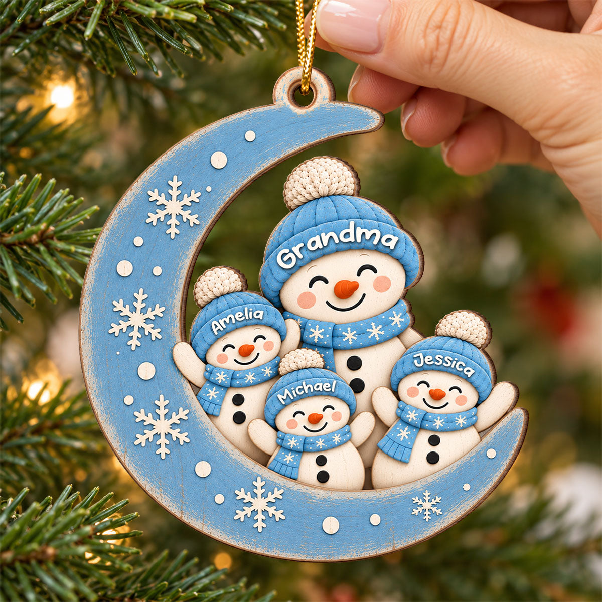 Blue Winter Grandma Grandkids Snowman On Moon - Personalized Wooden Ornament - Christmas Gift for Grandma