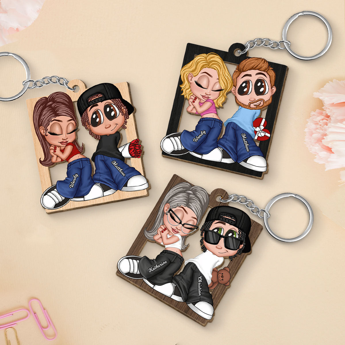 Y2K Couple Frame Personalized Wooden Keychain, Gift For Him, Gift For Her