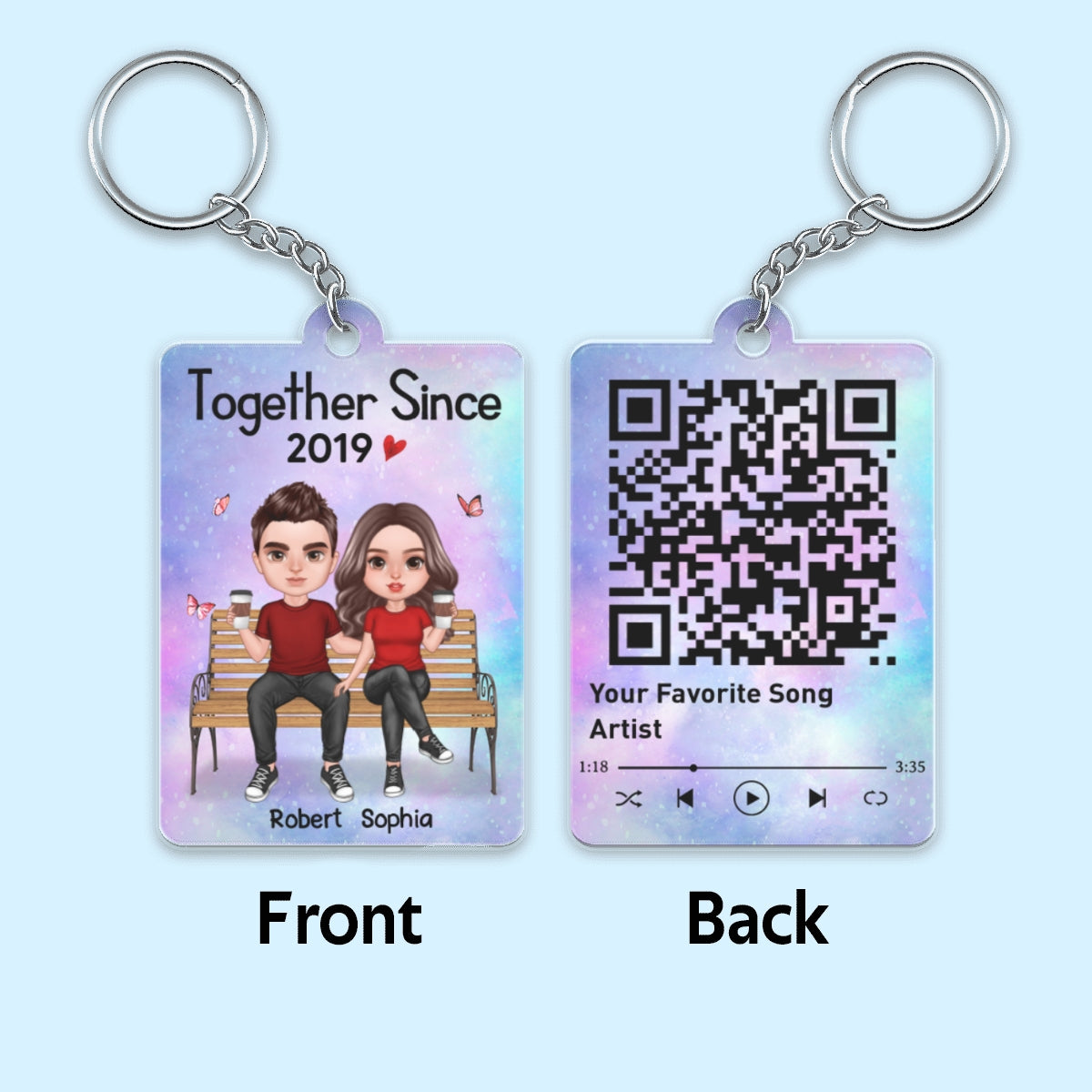 Realistic Doll Couple Sitting On Chair Favorite Song QR Code Personalized Acrylic Keychain