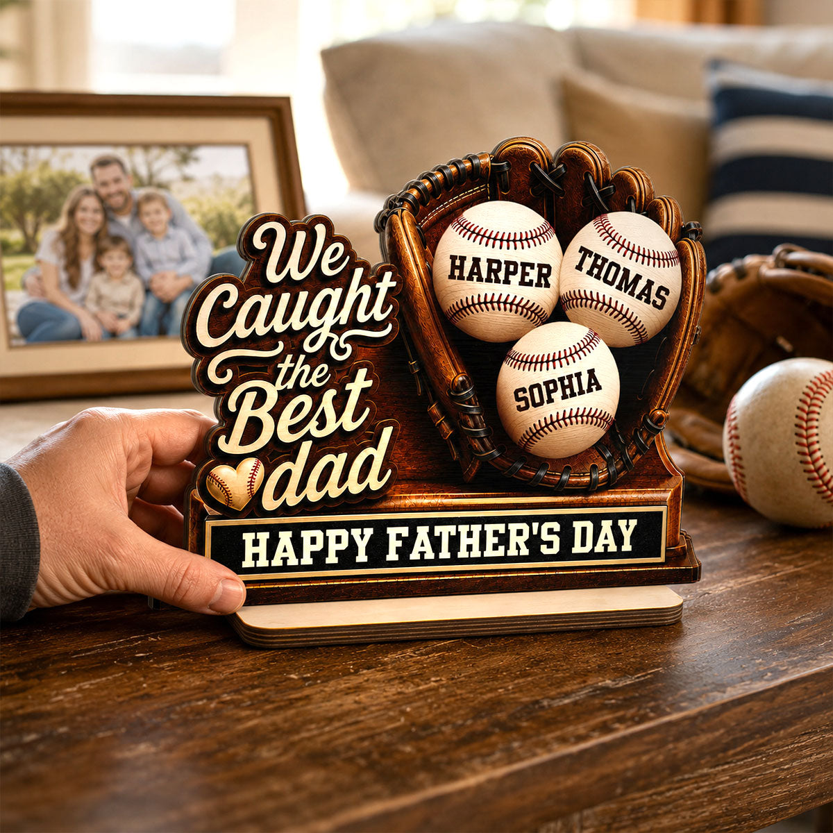 We Caught The Best Dad Baseball In Glove - Personalized 2-Layered Wooden Plaque - Happy Father's Day For Baseball Dad