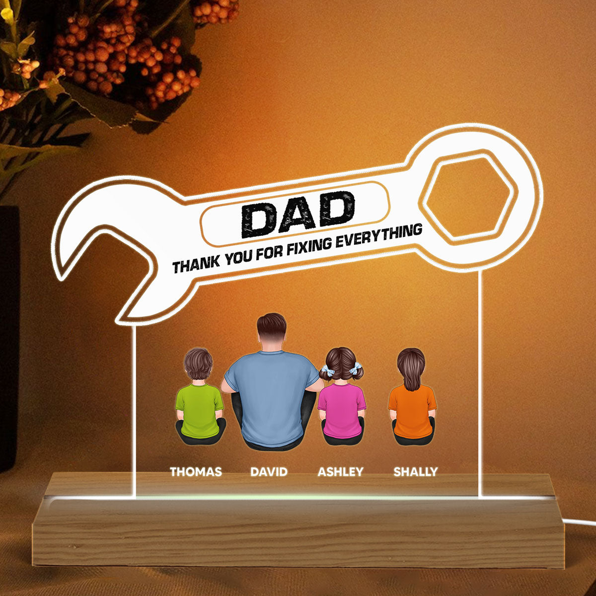 Thanks Dad For Fixing Everything Wrench Shape Back View Man Kids Dog Cat Father‘s Day Gift Personalized Warm Custom Shape Acrylic Plaque LED Night Light