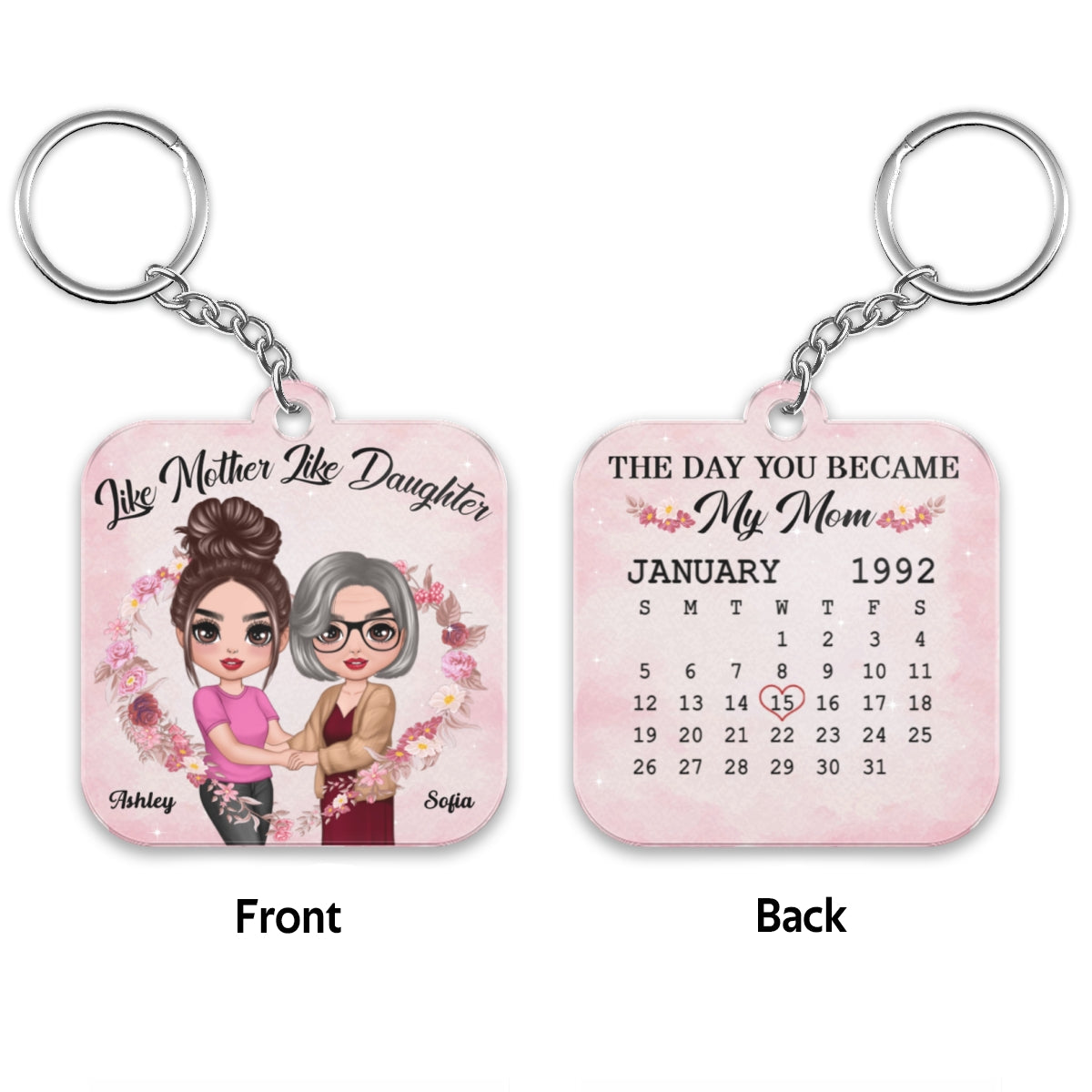 Doll Mother And Daughter Hugging Like Mother Like Daughter Calendar Date Personalized Acrylic Keychain