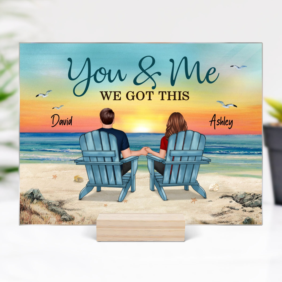 Back View Couple Sitting Beach Landscape Personalized Acrylic Plaque
