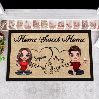 Doll Couple Sitting Home Sweet Home Housewarming Gift Home Decor Personalized Doormat