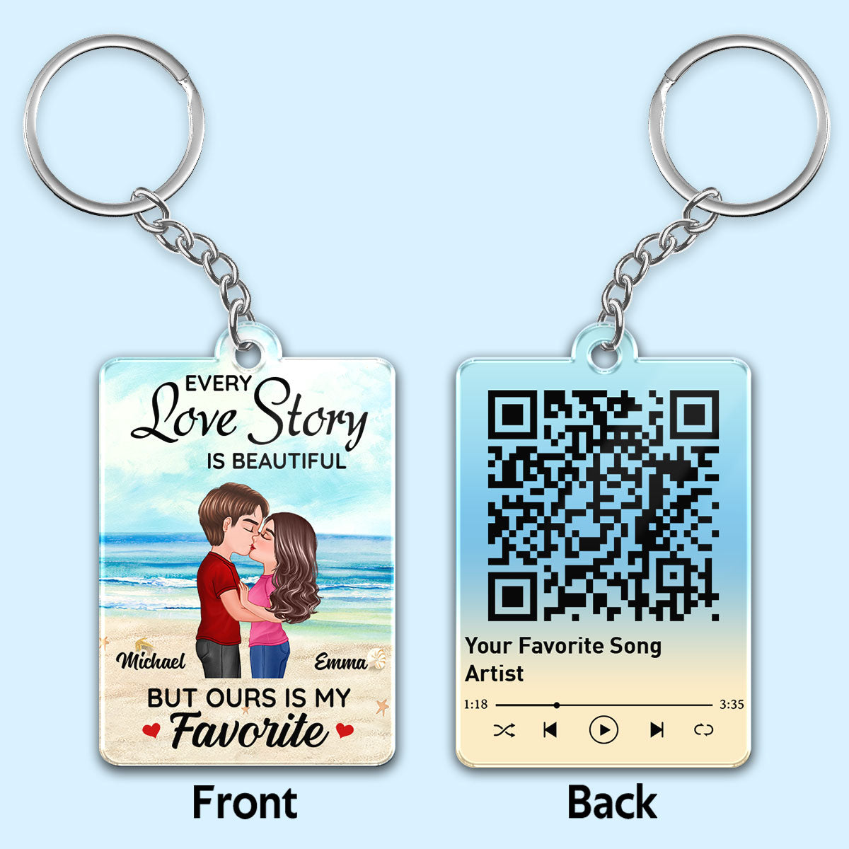 Beach Landscape Doll Couple Kissing Favorite Song Scannable QR Code Personalized Acrylic Keychain