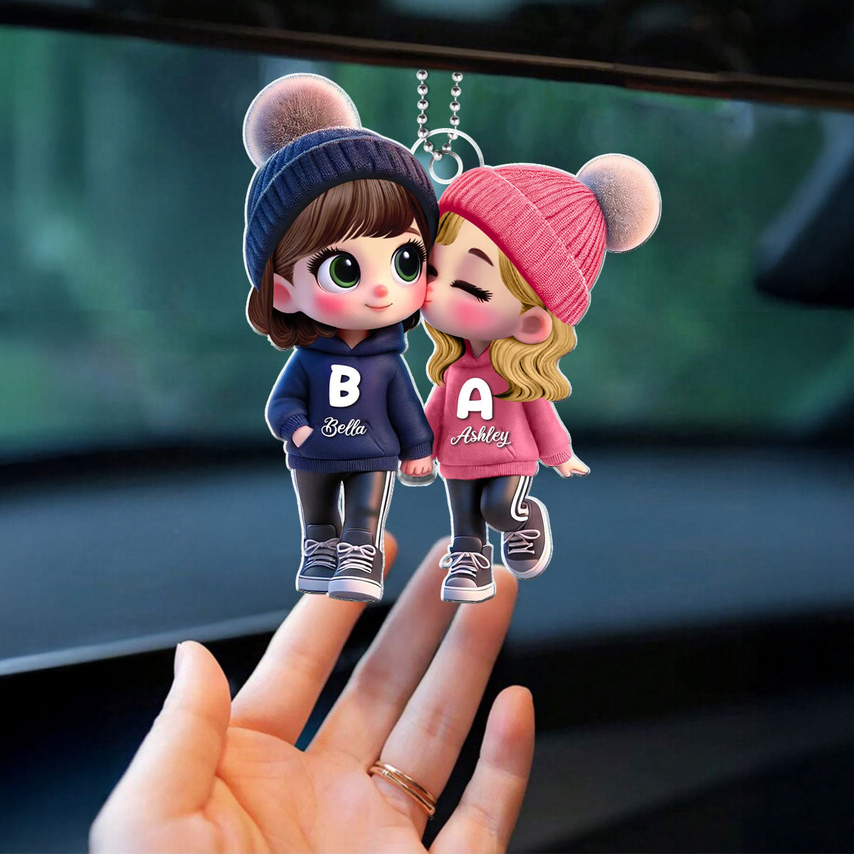 3D Effect Cute LGBTQ Cartoon Couple Summer Vibe Personalized Acrylic Car Ornament, Pride Month Gift