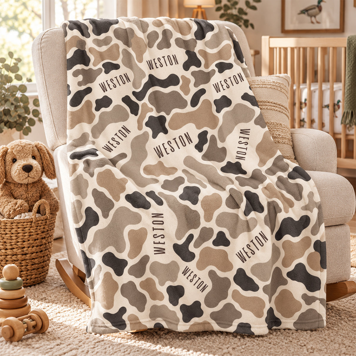 Wildlife Camo Print Custom Baby Name - Personalized Fleece Blanket - Nursery Hunting Theme For Baby Boy