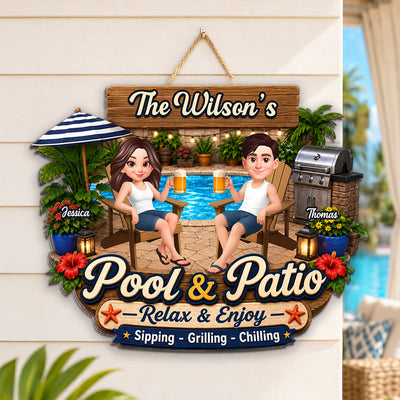 Welcome To Our Pool & Patio - Personalized Wood Sign - Gift For Couple, Summer Outdoor Patio Pool Decoration