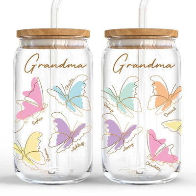 Grandma Mom Auntie Butterflies Kids Names Personalized Clear Glass Can