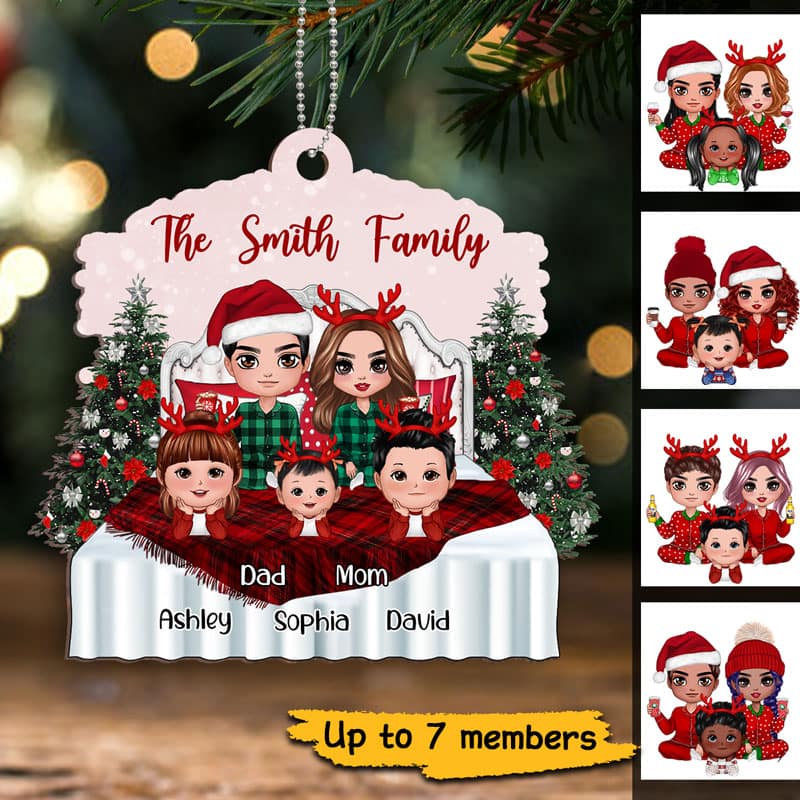 Christmas Doll Family On Bed Personalized Wooden Ornament
