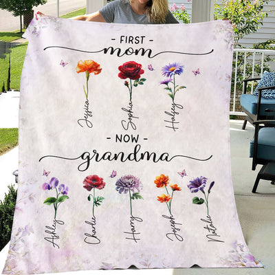 First Mom Now Grandma Beautiful 3D Effect Birth Month Flowers Personalized Fleece Blanket