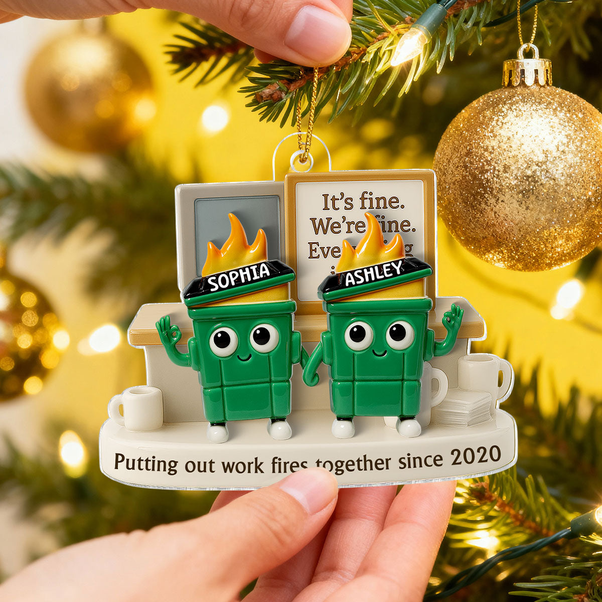 3D Effect Dumpster Fires Putting Out Work Fires Together - Personalized Acrylic Ornament - Funny Gift For Colleagues, Work Besties