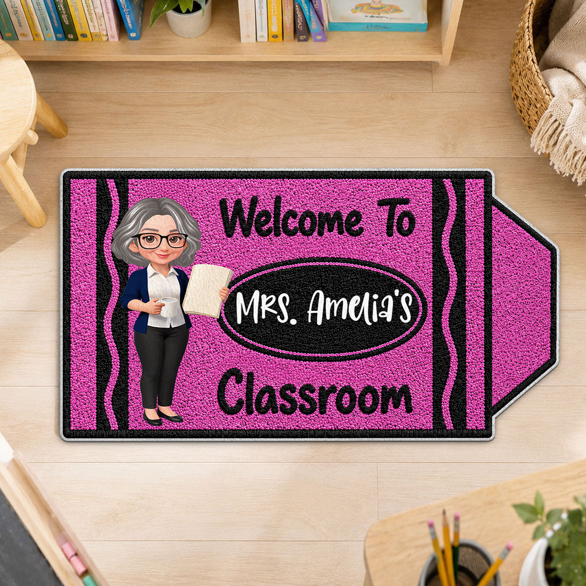 Happy Crayon Teacher Welcome To Classroom - Personalized Doormat - Back To School Gift For Teacher, Classroom Decor