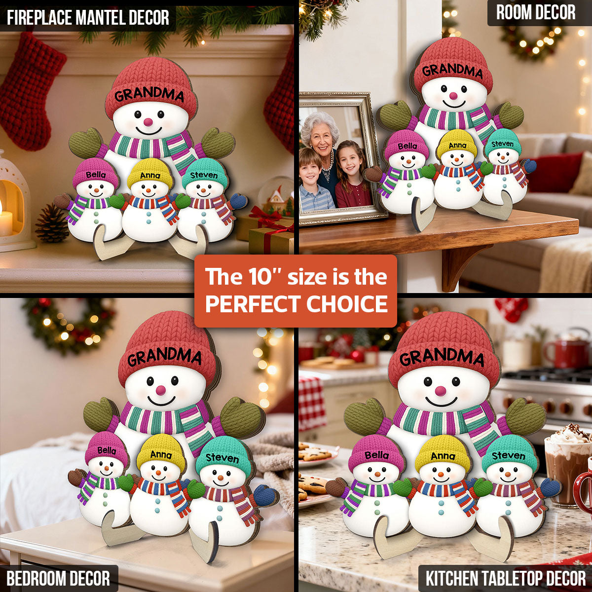Christmas Grandma Grandkids Snowman Together - Personalized 2-Layered Wooden Plaque - Gift For Grandmas