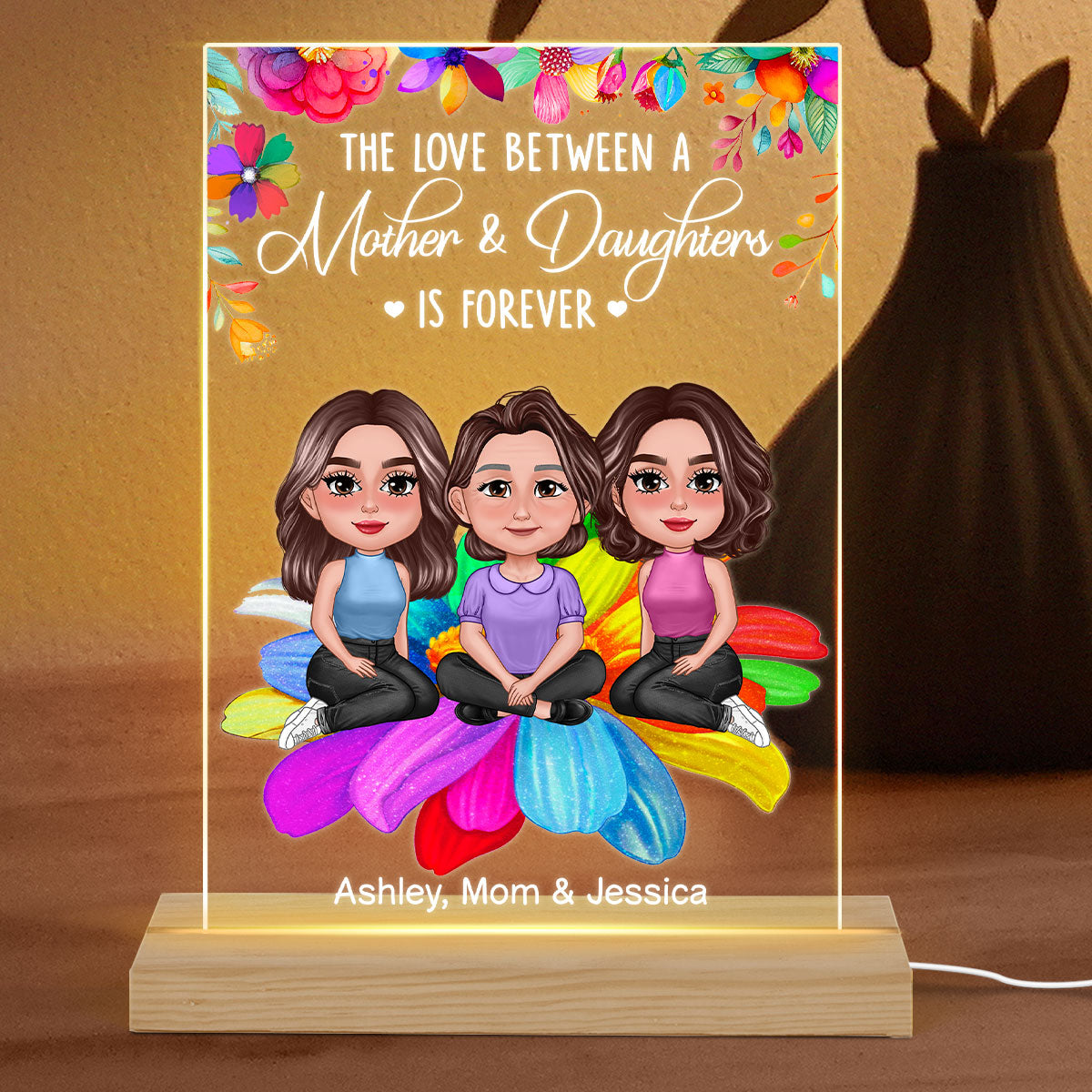 Pretty Doll Mother Daughters Sitting On Colorful Flower Personalized Acrylic LED Night Light