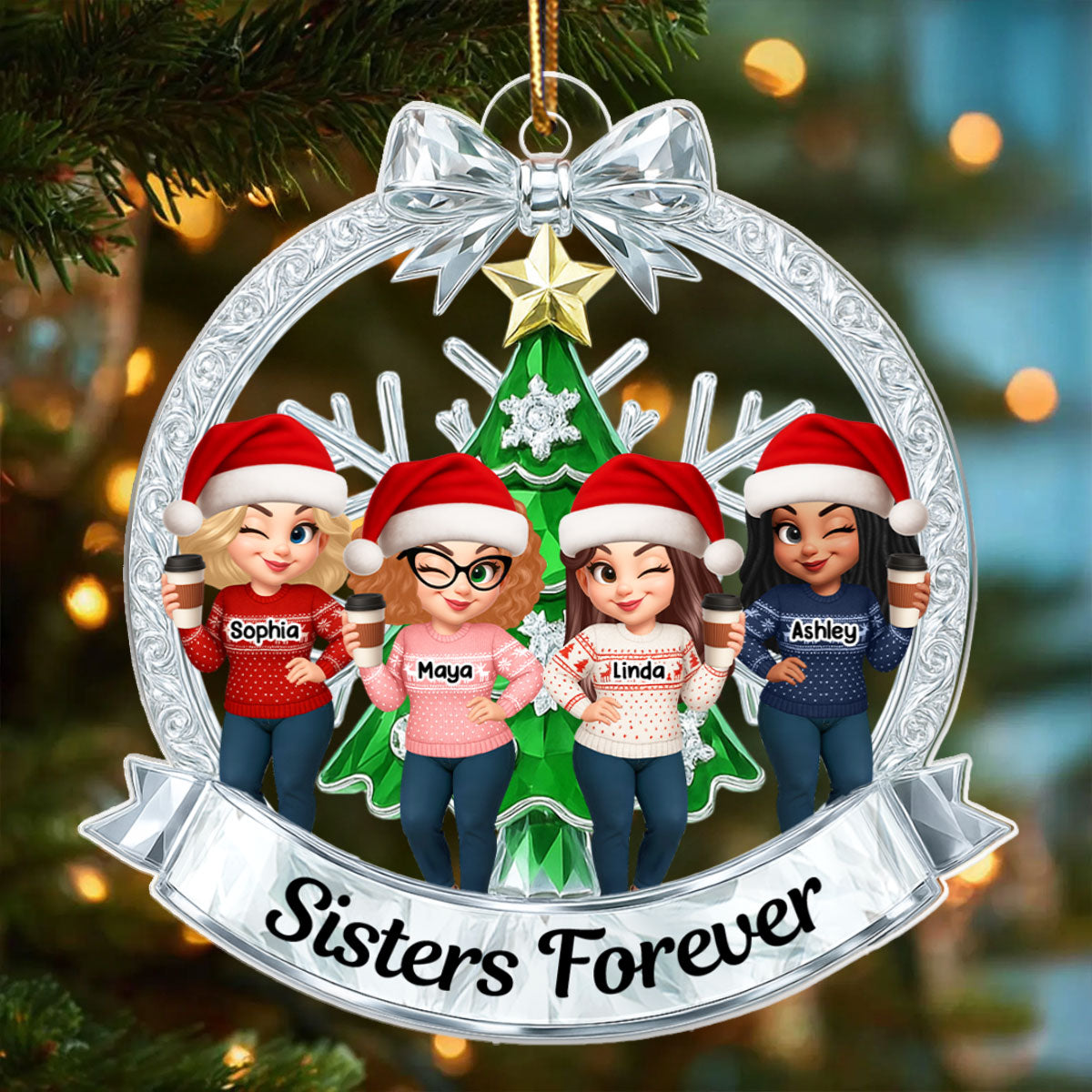 Besties on Crystal Effect Wreath - Personalized Acrylic Ornament - Christmas Gift for Besties