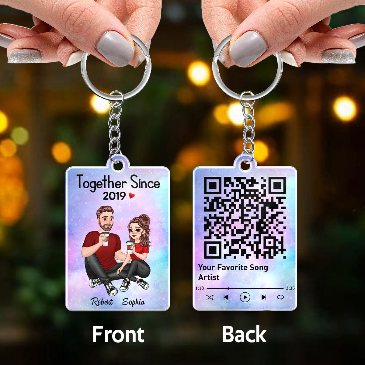 Cartoon Couple Sitting Together Since Favorite Song Scannable QR Code Personalized Acrylic Keychain