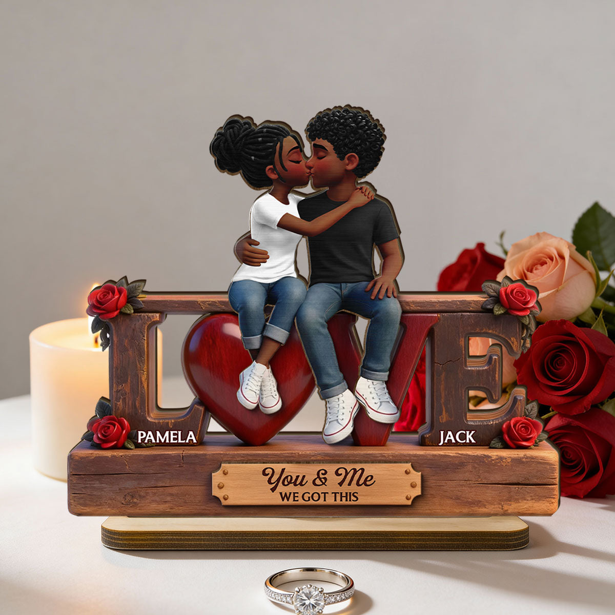 Roses LOVE Couple Sitting Kissing - Personalized 2-Layered Wooden Plaque - Heartfelt Gift For Couple, For Him, For Her