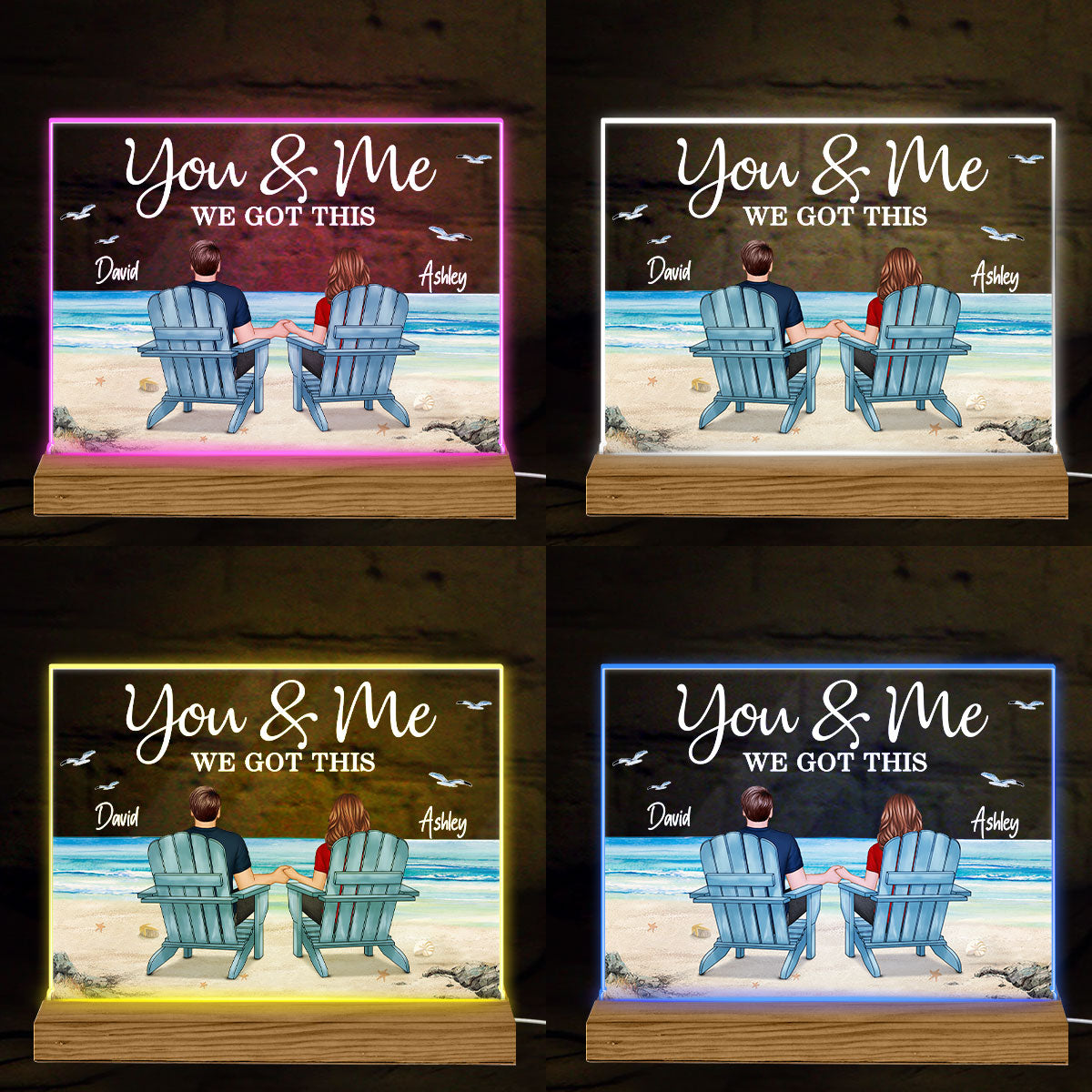 Back View Couple Sitting Beach Landscape Personalized Custom Shape Acrylic Plaque LED Night Light