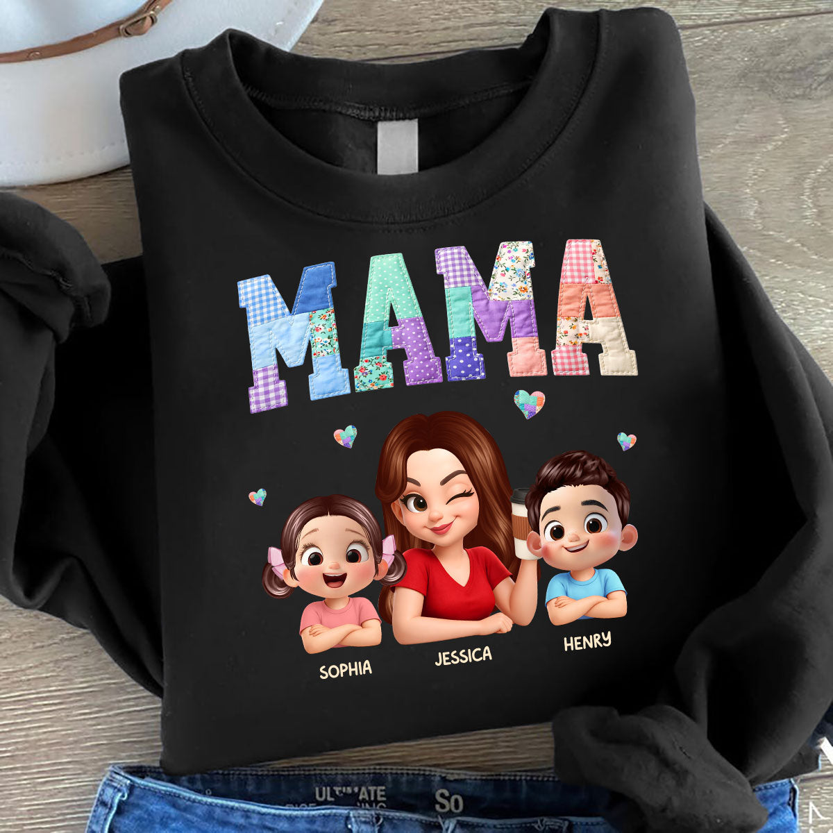 Patchwork Floral Mama Faux Embroidered - Personalized Shirt - Gift for Mom