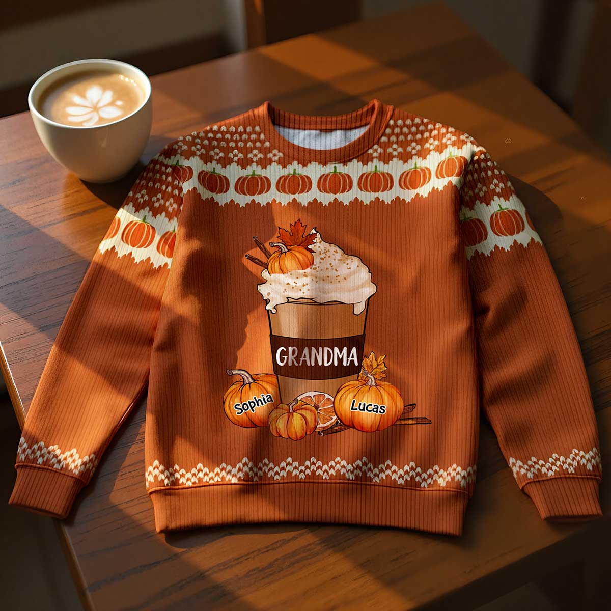 Cozy Fall Vibe Grandma Pumpkin Spice Latte Personalized Sweater