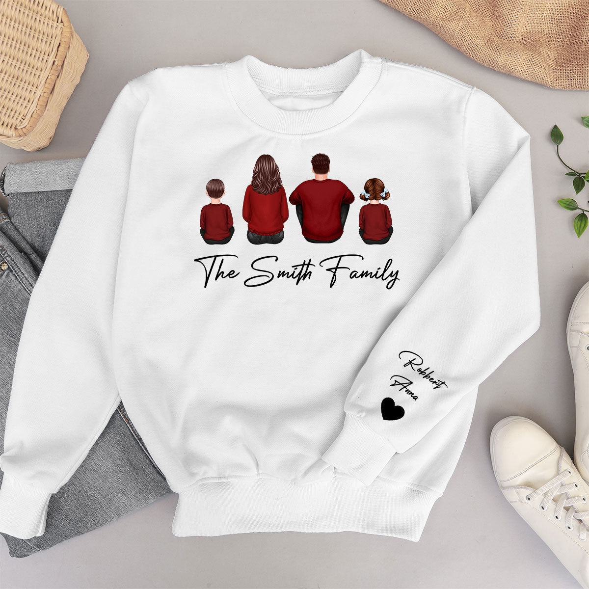 Family Sitting Back View Christmas Personalized Sleeve Printed Sweatshirt