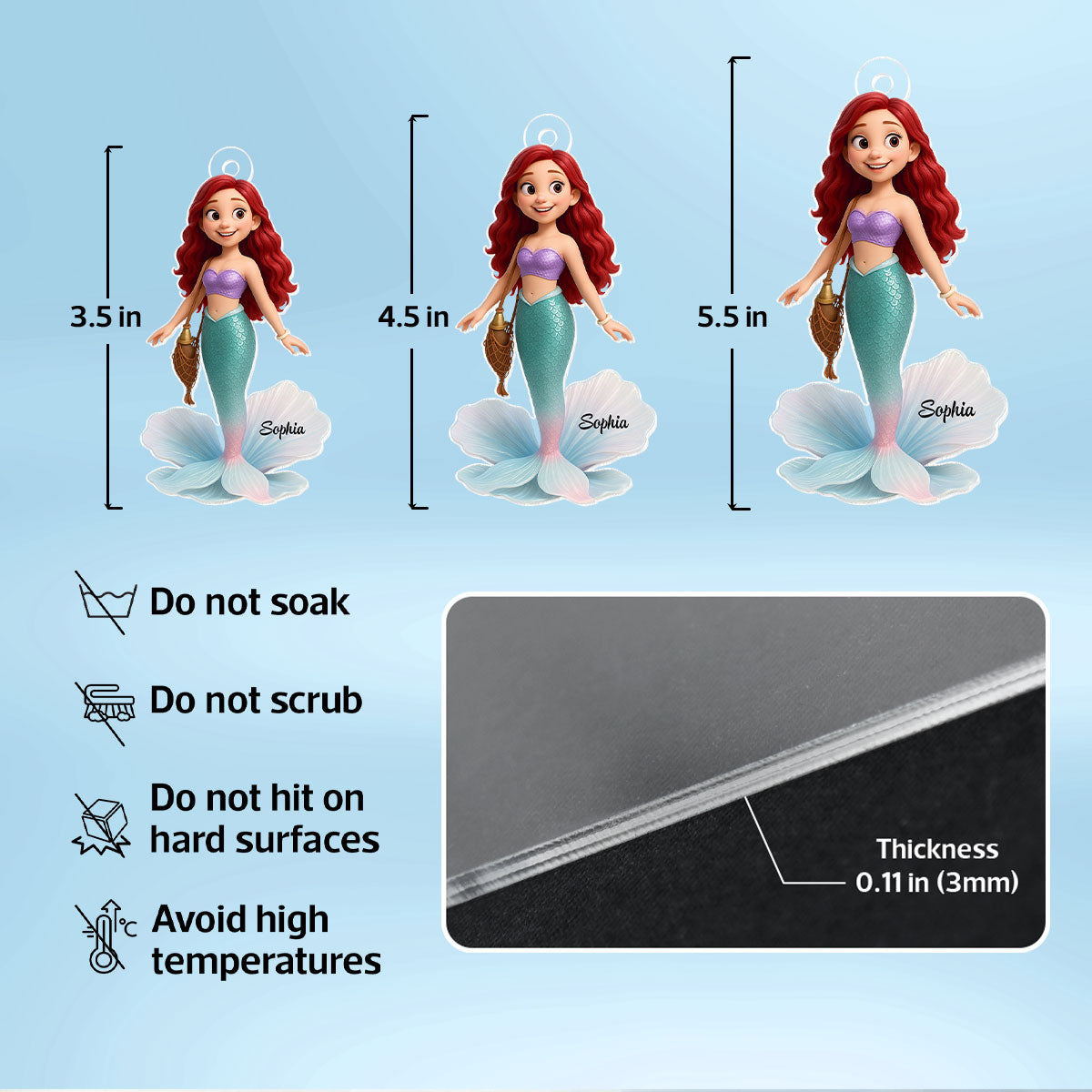 Pretty Cartoon Mermaid Personalized Acrylic Car Hanger, Gift for her, Gift for Besties