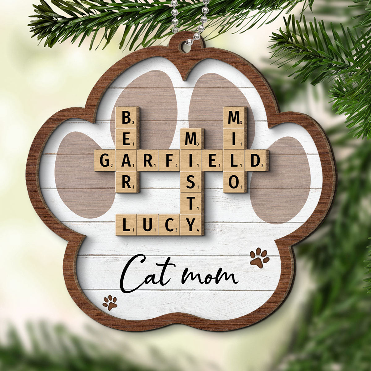Pet Names Crossword Puzzle Art Personalized Paw Shaped 2-Layer Wooden Ornament [Can add up to 20 pet names]