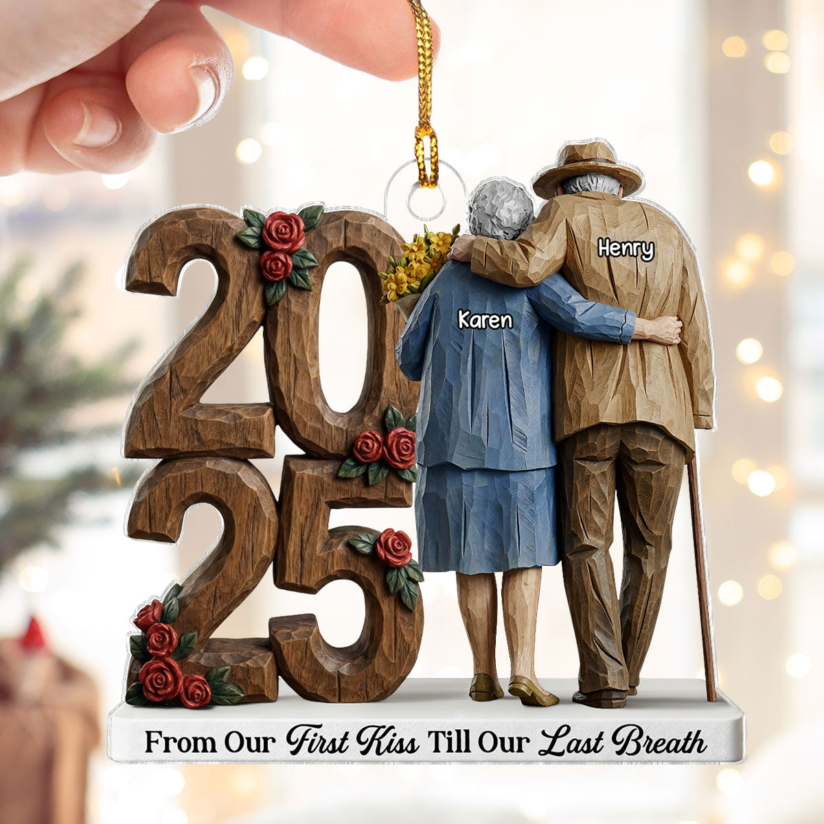 Old Couple Back View Hugging Faux Wood - Personalized Acrylic Ornament - Heartwarming Christmas Gift For Him, For Her, For Couple