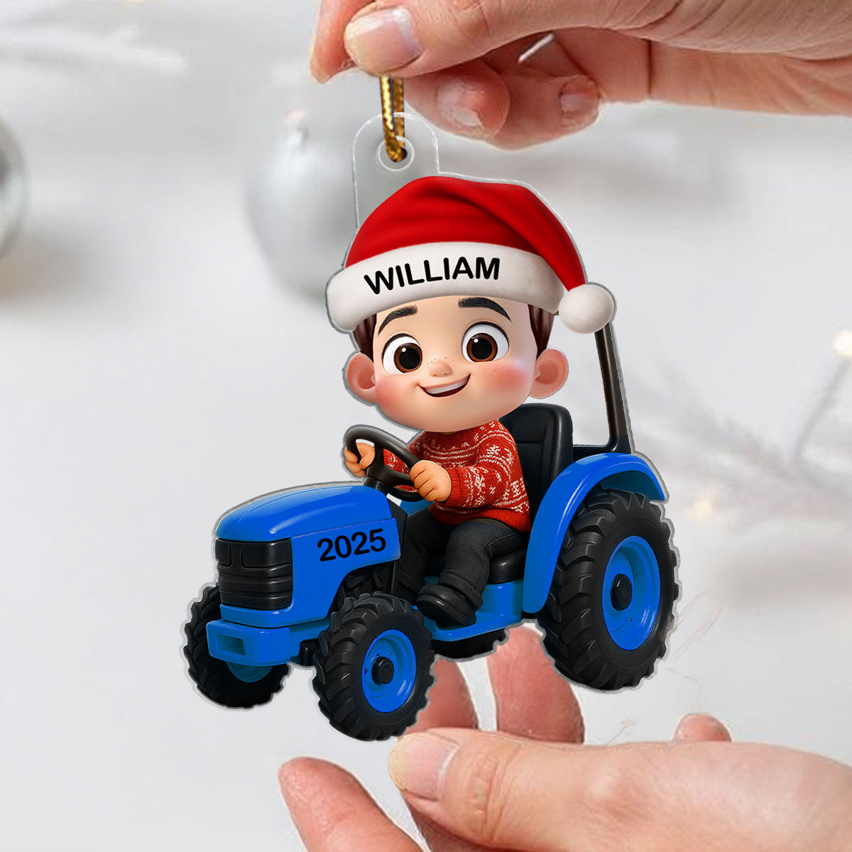 3D Effect Cute Cartoon Kid With Dinosaur Christmas - Personalized Acrylic Ornament - Unique Gift For Grandkids