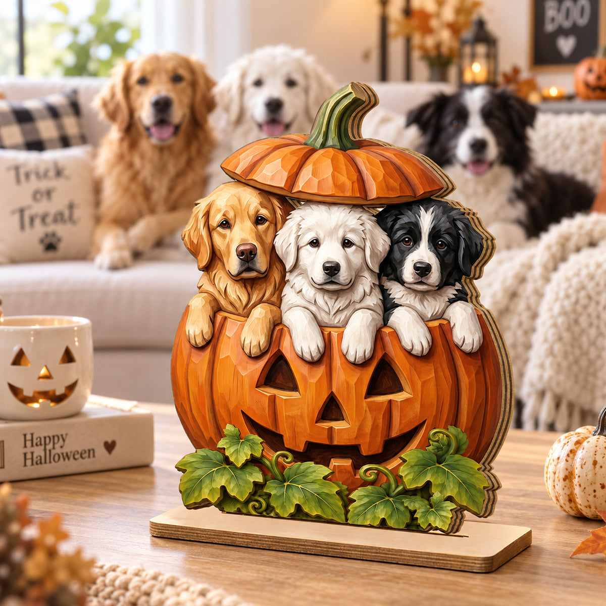 Custom Dog Cat Pumpkin Art - Personalized 2-Layered Wooden Plaque - Pet Halloween Fall Decor